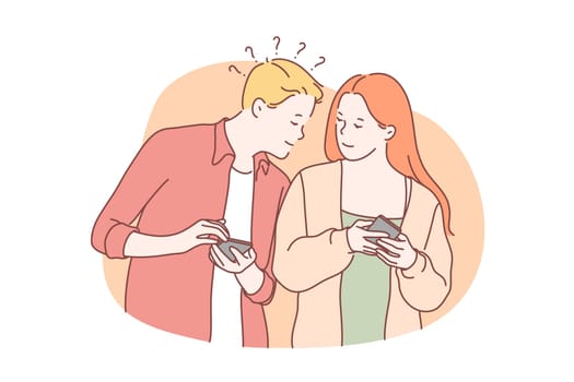 Social media or network, distrust, curiosity concept. Man and woman or couple use mobile phone for sitting online in social media. Boyfriend is spying and curious about girlfriends private life.