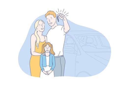 Car, buy, family concept. Young family bought brand new car. Happy man woman and their child show key from their vehicle. Boy, girl and child use carsharing and go on vacation. Simple flat vector.