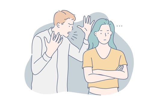 Quarrel, shouting, ignorance concept. Couple is quarreling. Jealous boyfriend shouts or yells at his girlfriend. Pensive woman ignores angry man and thinks about problem or trouble. Simple flat vector