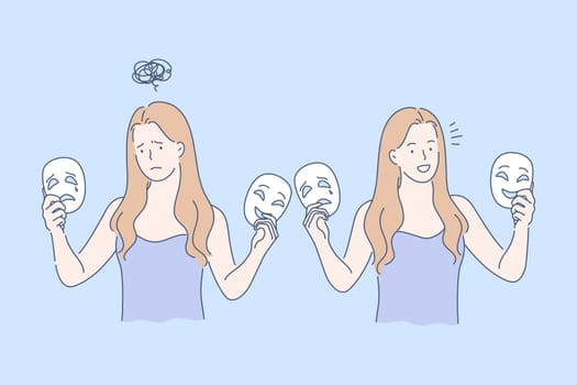 Mask, opposite emotions set concept. Young woman is holding two mask, sad and happy in her hands. Girl shows opposite emotions while looking at left and right masks on sad, frustration and happiness.