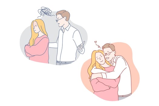 Relationship, reconciliation, quarrel set concept. Couple man husband and woman wife reconcile with each other. Frustrated boyfriend and angry stressful girlfriend quarrel in unhappy relationship.