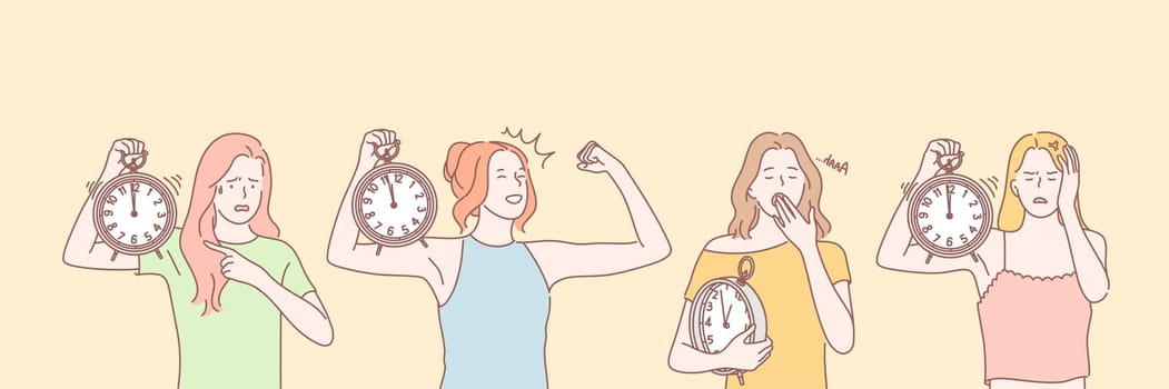 Time management set concept. Young woman uses time management in everyday life. Girl is disturbed by ringing of alarm clock. Sleepy girl with clock is yawning. Female overslept and now worrying.