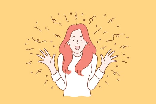 Wow effect concept. A girl with a surprised face takes a gift or a surprise. Excited screaming young woman. Simple flat vector.