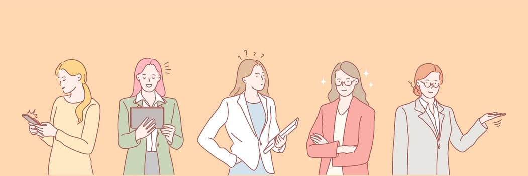 Businesswomens work set concept. Businesswoman communicates in social media or network using mobile phone. Girl is giving promotion. Pensive female thinks about difficult question. Simple flat vector