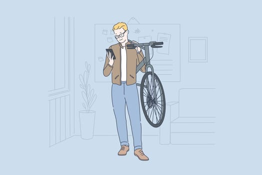 Business, modern, freelance concept. Young happy smiling businessman watches a message on his phone at the office holding a bicycle in his hands. Teacher at school or college. Simple flat vector.
