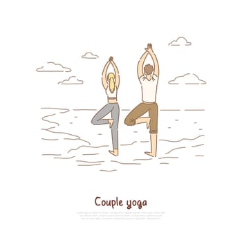 Young man and woman in sportswear standing in tree posture, concentration exercise, pilates class banner. Couple yoga on beach, healthy lifestyle concept cartoon sketch. Flat vector illustration
