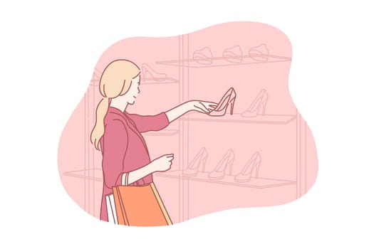 Shopping, buy, shoes, sale concept. Young smiling woman consumer is buying shoes in boutique on sale. Happy girl goes shopping and takes footwear from new collection from shelves. Simple flat vector