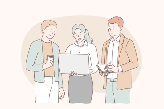 Team meeting, teamwork, team spirit concept. Happy business people talking and working at office. Simple flat vector.