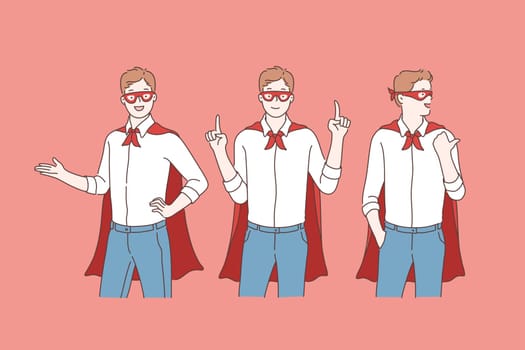 Business superhero, promotion, advertising concept. Super hero in masks and capes showing superpower. Simple flat vector.