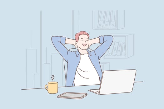 Freelance, passive income concept. Happy young boy or man working on laptop while sitting at his working place in office. Satisfied with work done. Simple flat vector.