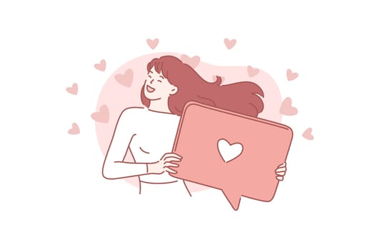 Social networking, promotion, smm concept. Young happy excited woman or girl holding a speech bubble. Sweet lady in a great mood puts a big like. Romantic dreamy. Advertising content. Simple flat vector.