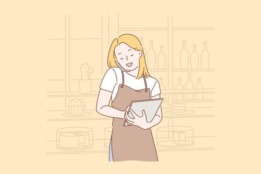 Order food online concept. Young happy businesswoman takes an order from a customer or makes an order from a supplier. Start of working day. Simple flat vector.