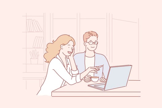 Startup, cooperation, business, online store concept. Young businessmen and businesswomen colleagues or partners discuss a new project in the office. Happy smiling Man and woman couple or family decide questions about shopping. Simple flat vector.