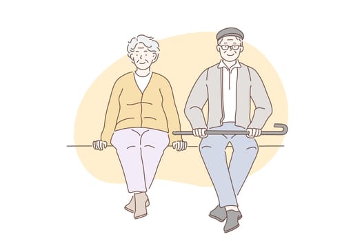 Pensioners, grandparents, older people concept. Older happy men and women enjoy sitting in parks. Elderly couple sit waiting to meet grandchildren. People in love. Simple flat vector.