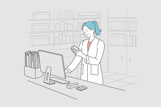 Pharmacy, medicine, healthcare concept. Young happy smiling woman or girl pharmacist selects the necessary pills for the client. Selection of pills and checking the expiration date. Simple flat vector.