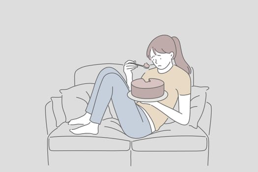 Depression, mental health, stress concept. Upset sad young woman or girl eating cake, sweets, fastfood. Unhappy lady or student in a bad mood or on the verge of a psychological breakdown alone takes food. Simple flat vector.