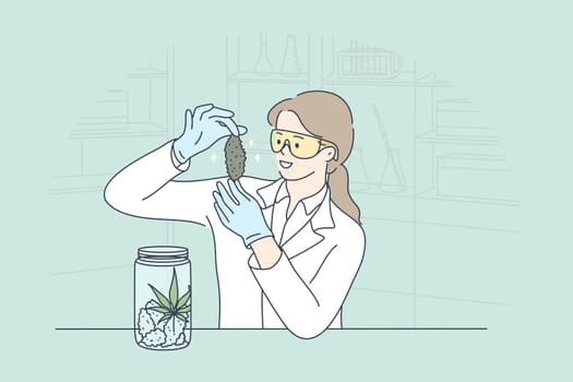 Science, experiment, drug, medicine, cannabis concept. Young happy smiling woman girl scientist medical worker cartoon character researching cbd weed in laboratory. Scientific test of marijuana drug.