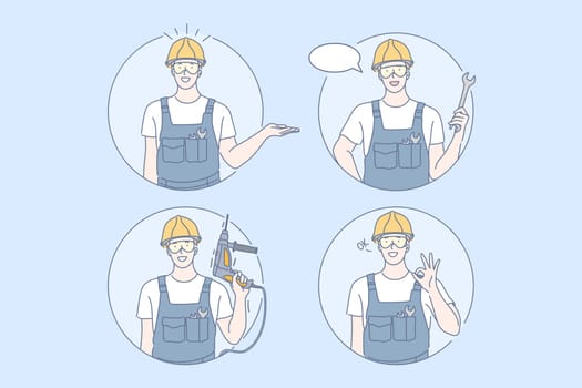 Building, repair, work set concept. Young man builder is holding drill in his hand. Happy guy with helmet shows ok sign. Boy promotes new industrial work project. Male is repairing and holds wrench.
