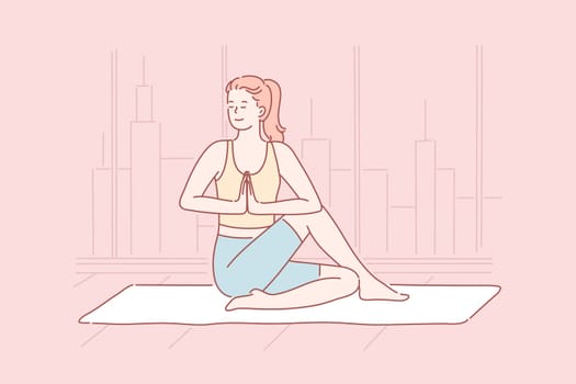 Yoga, mental health, relaxation concept. Young happy athletic woman or yogi girl doing exercise. Lady coach in a good mood trains fitness, pilates, gymnastics. Peace, pleasure, lifestyle. Simple flat vector.