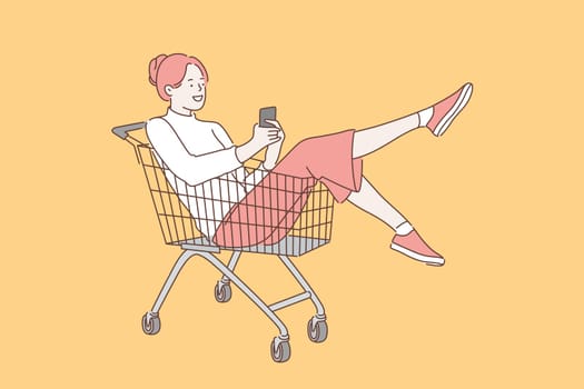 Shopping girl, sale, discounts concept. Young happy woman or girl in a wonderful mood sitting in a shopping cart looking at the phone. Cute smiling lady takes a selfie. Simple flat vector.