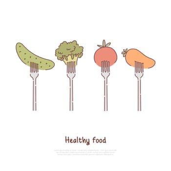Healthy food, eating, raw and steamed vegetables, cucumber, broccoli, tomato, carrot on forks banner. Vegetarian cafe menu, farmers market concept cartoon sketch. Flat vector illustration