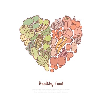 Healthy eating, lifestyle, fresh, raw tomatoes, cucumbers beetroots in heart shape, organic fruit and vegetables banner. Natural food, eco meal concept cartoon sketch. Flat vector illustration
