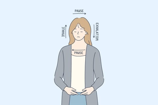 Meditation, antistress, square breath concept. Young nervous angry woman girl character meditating using breathing exercises trying to calm down. Healthy lifestyle dealing with stress illustration.