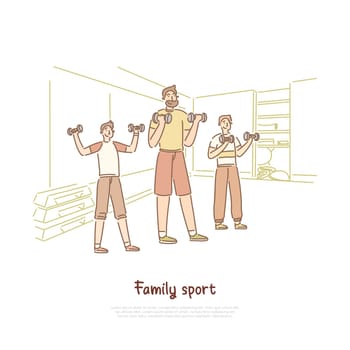 Family sport, father with sons lifting weights, healthy lifestyle, parent and kids training in gym banner template. Sportsmen exercising, doing fitness concept cartoon sketch. Flat vector illustration