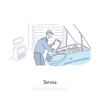 Car repair shop, repairman service, handyman checking automobile engine, workshop auto mechanic banner template. Transport maintenance industry concept cartoon sketch. Flat vector illustration