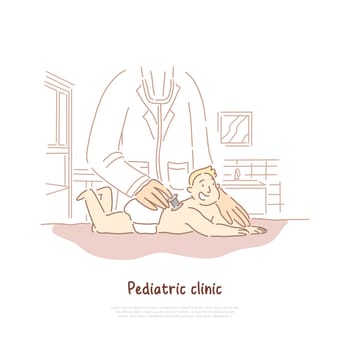 Pediatrician office, pediatric clinic, therapist examining newborn with stethoscope, baby in hospital banner. Childcare, doctor appointment concept cartoon sketch. Flat vector illustration