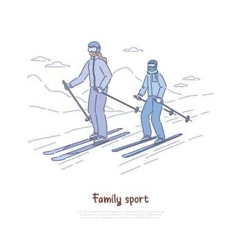 Happy mother with child skiing together, active recreation, holiday vacation, outdoor leisure, ski resort banner. Family winter sport activities concept cartoon sketch. Flat vector illustration