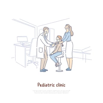 Mother with daughter at children hospital, visit to pediatrician, doctor with stethoscope, pediatric clinic banner. Doctor checking girl health concept cartoon sketch. Flat vector illustration