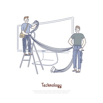 Technicians connecting wires and cables, smart TV technology, Internet television, widescreen monitor banner. Video hosting, streaming equipment concept cartoon sketch. Flat vector illustration