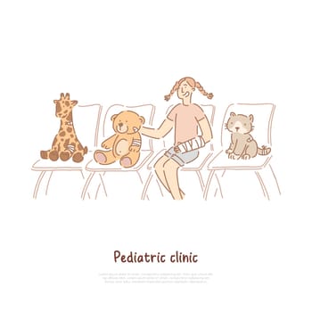 Pediatric clinic, traumatology, child playing doctor role game, girl at hospital queue, soft animal toys banner. Childcare, healthcare and medicine concept cartoon sketch. Flat vector illustration
