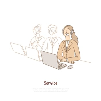 Technical support workers team, assistant in headset, sales manager, customer service, call center banner. Phone operator giving instructions online concept cartoon sketch. Flat vector illustration