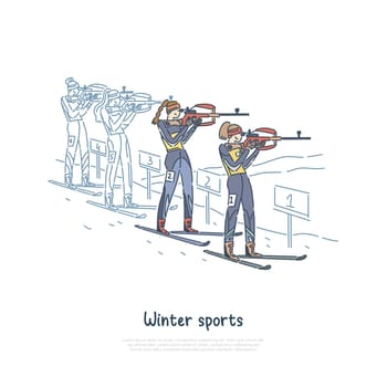 Biathlon race, winter seasonal sport participants, professional sportswoman skiing, shooting banner template. Competition, championship, tournament concept cartoon sketch. Flat vector illustration