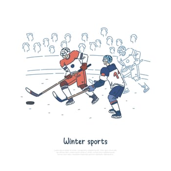 Ice hockey match, professional sportsmen wearing protective equipment, players on rink banner template. Winter sports, stadium with fans concept cartoon sketch. Flat vector illustration