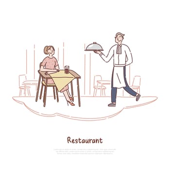Cheerful man in uniform serving dish, waiter occupation, young woman waiting for order, cafeteria staff, restaurant banner. Exquisite catering service concept cartoon sketch. Flat vector illustration