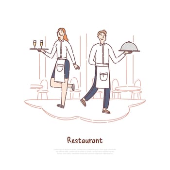 Restaurant staff holding tray with meal and alcoholic drinks, cheerful waiter and waitress serving banner. Catering service, food order delivery concept cartoon sketch. Flat vector illustration