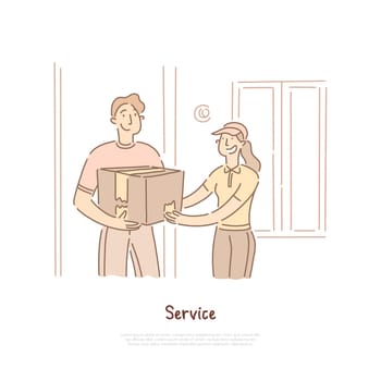 Delivery, shipping service, courier holding parcel, cardboard box, man moving house banner template. Woman character delivering customer order concept cartoon sketch. Flat vector illustration