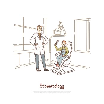 Dentist visit, boy sitting in dental chair, teeth examination, oral cavity hygiene, stomatology banner. Smiling dentistry office patient and doctor concept cartoon sketch. Flat vector illustration