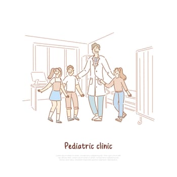 Smiling doctor in white coat and happy kids standing together, health care, children hospital banner. Cheerful pediatrician with little patients concept cartoon sketch. Flat vector illustration