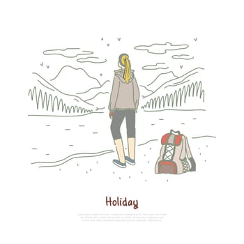 Backpacking traveling, camping holiday, trekking adventure, woman relaxing on nature enjoying mountains landscape banner. Summer trip, recreation concept cartoon sketch. Flat vector illustration