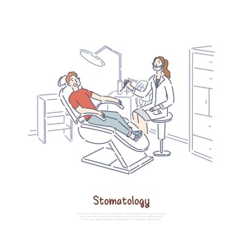 Stomatology clinic, office, patient at dental chair, dentist holding drilling machine, medical equipment banner template. Teeth examining, treatment concept cartoon sketch. Flat vector illustration