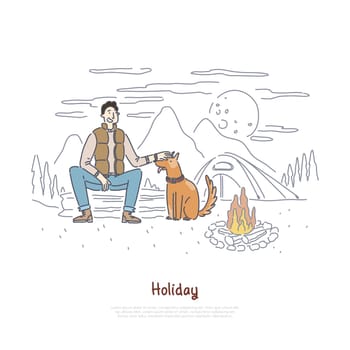 Tourist with dog sitting by campfire, hiking trip, camp in forest, holiday vacation, nature recreation, camping banner. Night in woods, outdoor rest concept cartoon sketch. Flat vector illustration