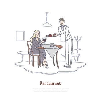 Restaurant wine tasting, degustation, young woman holding wine glass, exquisite dinner, catering service banner. Smiling waiter serving alcohol drink concept cartoon sketch. Flat vector illustration
