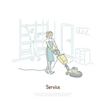 Housekeeping service, female housekeeper cleaning hotel room, apartment, housewife using vacuum cleaner banner. Domestic chores, household, housework concept cartoon sketch. Flat vector illustration
