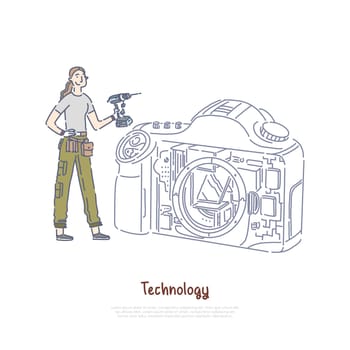 Female technician holding drill, girl fixing camera, photography equipment parts replacement, technical support banner. Cheerful woman with tool belt concept cartoon sketch. Flat vector illustration