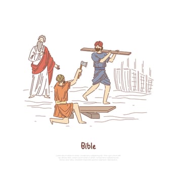 Noah building ark myth, legend, Bible story plot, saint biblical characters, people constructing ship banner template. Great flood narrative concept cartoon sketch. Flat vector illustration