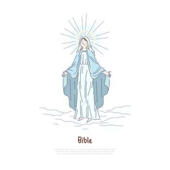 Virgin Mary, holy woman praying, saint in heaven, Jesus Christ Mother, biblical story character banner template. Religion, christianity, theology concept cartoon sketch. Flat vector illustration